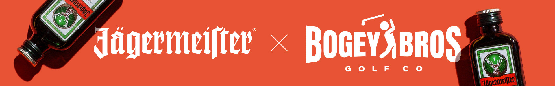 A rectangular banner with two Jägermeister bottles at each top left and bottom right corner, angled inwards. In the center are the logos: “Jägermeister” in white gothic script, a large “x”, and “Bogey Bros Golf Co” in bold white text on an orange background.