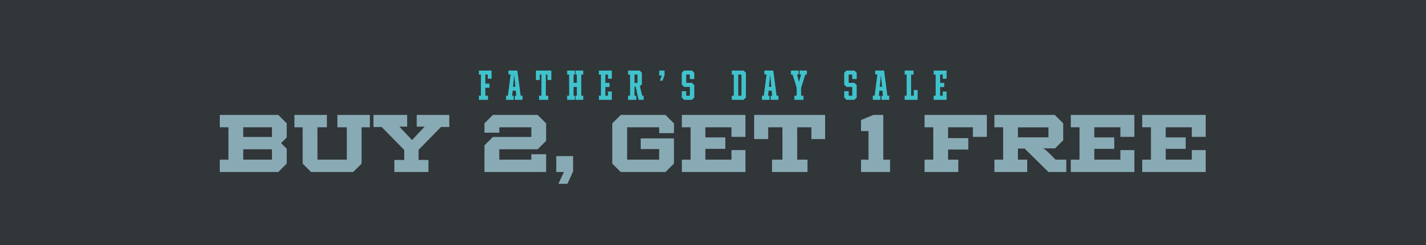 Wide banner with dark background. Light blue text at the top reads Father’s Day Sale. Large, bold, pale blue text below says BUY 2, GET 1 FREE. The design is simple and centered, promoting a sale offer.