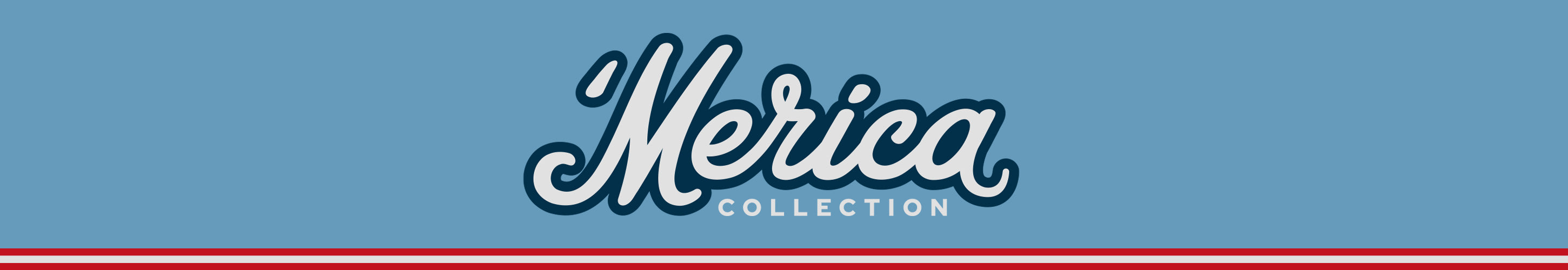 A blue banner with the word Merica in large, white, cursive letters outlined in dark blue. Below it, COLLECTION appears in smaller, white capital letters. At the bottom, there are two thin red stripes with a white stripe between them.