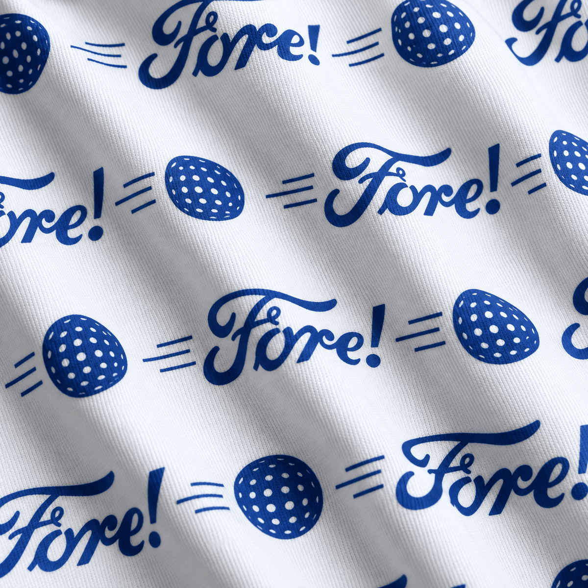 Close-up of the Fore! - Polo fabric, showcasing a crisp white background with a repeating royal blue pattern. The design highlights a stylized blue pickleball accented by motion lines alongside the word “Fore!” in elegant cursive script. This moisture-wicking fabric features soft, draped folds that lend it a lifelike, textured appearance.