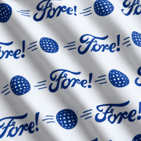 Close-up of the Fore! - Polo fabric, showcasing a crisp white background with a repeating royal blue pattern. The design highlights a stylized blue pickleball accented by motion lines alongside the word “Fore!” in elegant cursive script. This moisture-wicking fabric features soft, draped folds that lend it a lifelike, textured appearance.