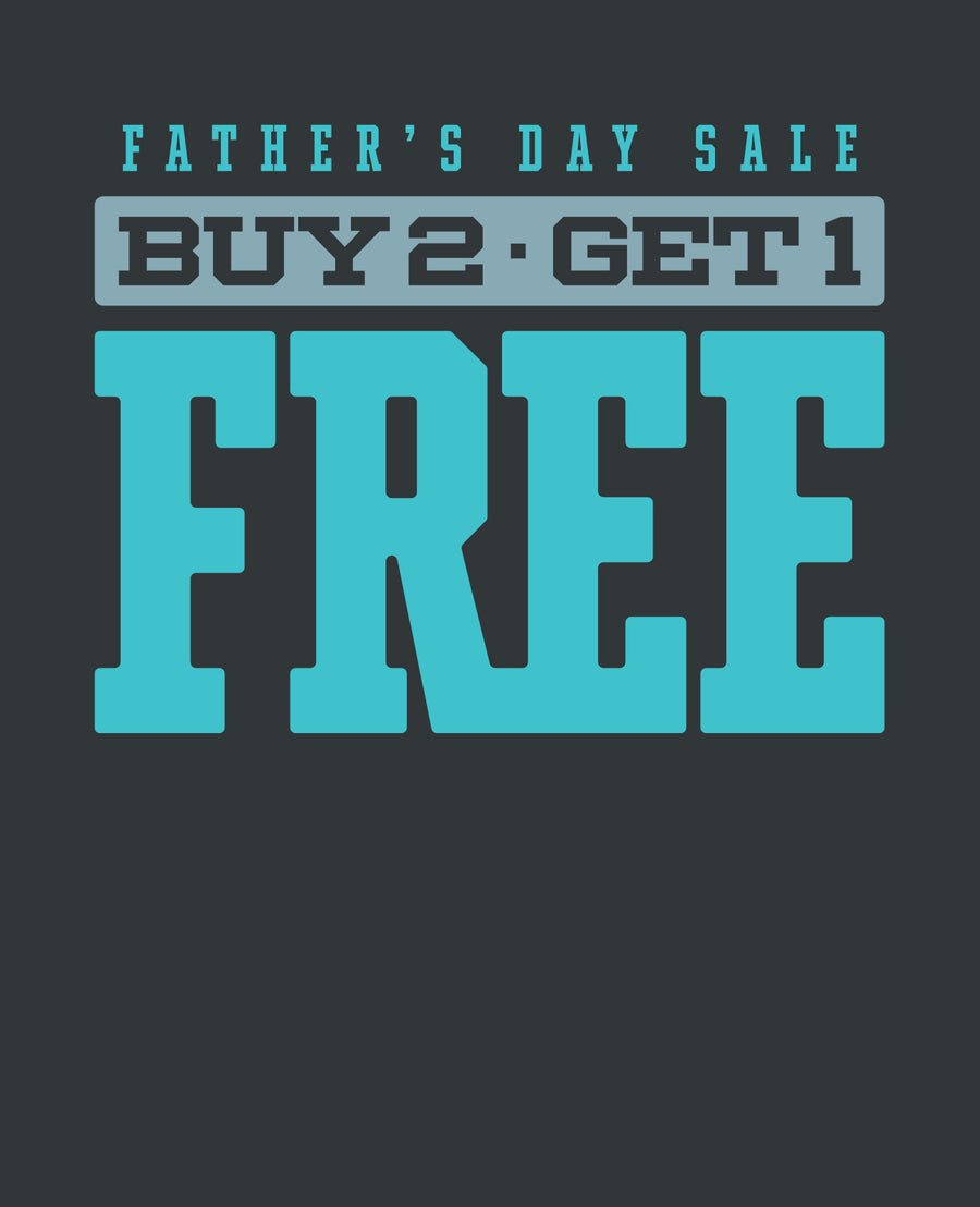 A smiling man in a cap sits in a chair holding up a blue patterned shirt, while a woman in a gray sweatshirt stands next to him, smiling and holding a phone. Large text behind them reads: Father’s Day Sale. Buy 2 - Get 1 FREE.