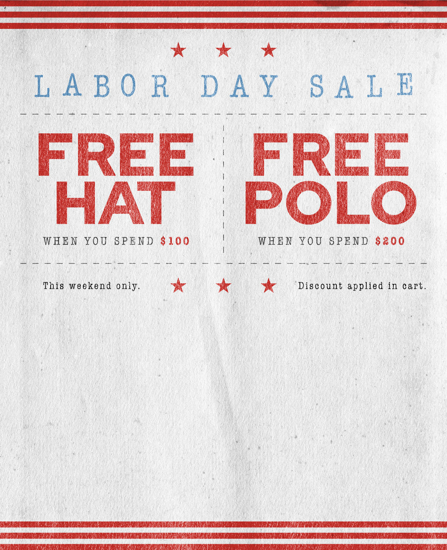 Textured flyer with Labor Day Sale at top. Large red text: Free Hat when you spend $100, and Free Polo when you spend $200. Small print: This weekend only. Discount applied in cart. Red stars and striped borders decorate the image.