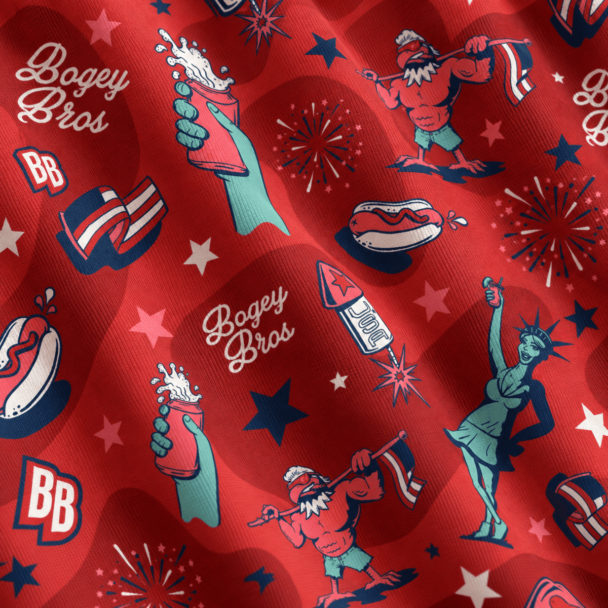 Introducing the Leggy Liberty - Polo: this shirt showcases a vintage-inspired, cartoonish red fabric pattern featuring playful Bogey Bros and BB text, hands clutching fizzing cans, American flags, patriotic fireworks, classic hot dogs, USA rockets, and the Statue of Liberty herself. Set on a subtle dark red wavy background and crafted from premium moisture-wicking material to keep you cool and comfortable all day long.
