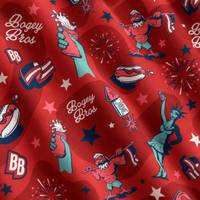 Introducing the Leggy Liberty - Polo: this shirt showcases a vintage-inspired, cartoonish red fabric pattern featuring playful Bogey Bros and BB text, hands clutching fizzing cans, American flags, patriotic fireworks, classic hot dogs, USA rockets, and the Statue of Liberty herself. Set on a subtle dark red wavy background and crafted from premium moisture-wicking material to keep you cool and comfortable all day long.