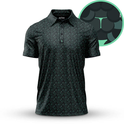 The Whale Tail - Snake Skin - Polo is a dark, athletic fit short-sleeve shirt featuring a light blue-green scale pattern. A circular inset shows the fish-scale design, and moisture-wicking fabric keeps you cool and dry.