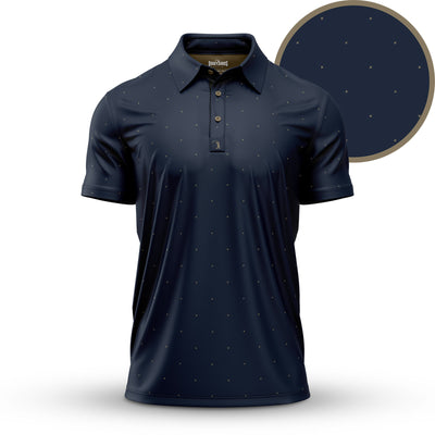 The Exes - Navy - Polo is an athletic fit, short-sleeve collared shirt in navy blue with a small gold dot pattern and UPF 50 protection. An inset shows the subtle dots. Three buttons are visible as the shirt hangs neatly.