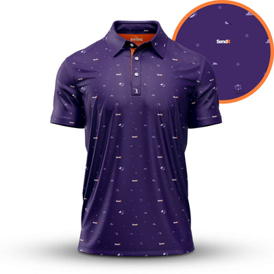 The Send It - Polo is a deep purple collared shirt with an athletic fit, moisture-wicking fabric, and a repeating pattern of paper planes, envelopes, and the Sendit logo—plus white and orange "Sendit" lettering.
