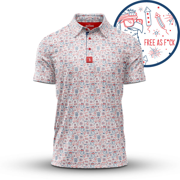 The 'Merica - Polo features an athletic fit, moisture-wicking fabric, and an all-over white base with red and blue patriotic doodle prints like sunglasses, fireworks, a peace sign, and “FREE AS F*CK” in a starry frame.