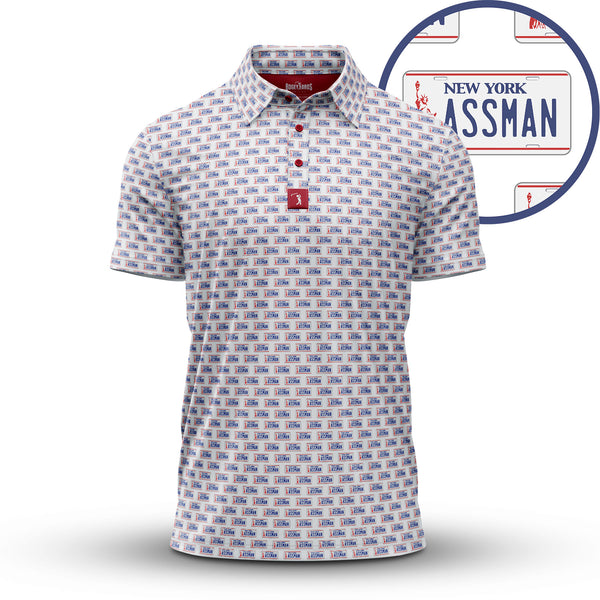 The ASSMAN - Polo is an athletic fit, short-sleeve shirt featuring a repeating New York license plate pattern with detailed blue and red graphics on white. Made from moisture-wicking fabric to keep you comfortable.