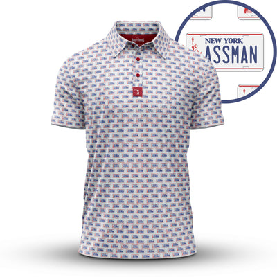The ASSMAN - Polo is an athletic fit, short-sleeve shirt featuring a repeating New York license plate pattern with detailed blue and red graphics on white. Made from moisture-wicking fabric to keep you comfortable.