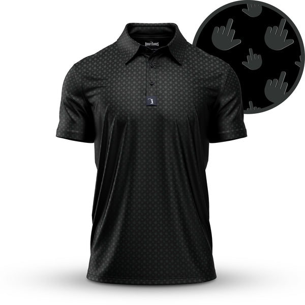 The Birdie Finger - Raven - Polo is a black polo shirt with an athletic fit, collar, and short sleeves, featuring a subtle gray pattern of hand icons making a middle finger gesture. Enlarged inset shows the repeating design detail.