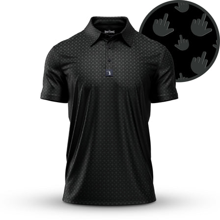 The Birdie Finger - Raven - Polo is a black polo shirt with an athletic fit, collar, and short sleeves, featuring a subtle gray pattern of hand icons making a middle finger gesture. Enlarged inset shows the repeating design detail.