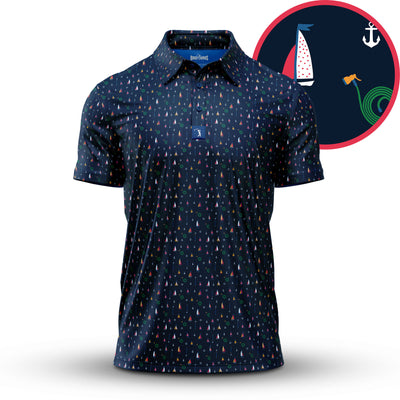 The Boats and Hose - Polo is a navy athletic-fit collared shirt with small, colorful sailboat patterns and a circular graphic of a white sailboat, anchor, and green waves on a red/navy background. Features moisture-wicking fabric and blue label under the collar.