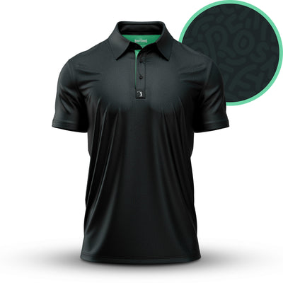 The Stealth Mode - Dark - Polo features a black, short-sleeve, athletic fit with a subtle abstract wavy pattern. It has a three-button placket and a green accent inside the collar, highlighted by an enlarged circle showing the design's details.