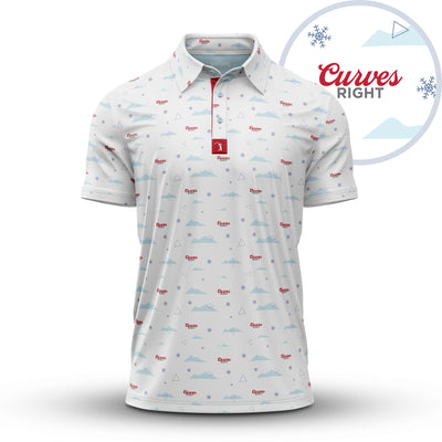 The Curves Right - Polo is a white collared shirt with pale blue mountain patterns, small red Curves logos, snowflakes, and geometric shapes. Designed with an athletic fit and moisture-wicking fabric for all-day comfort.