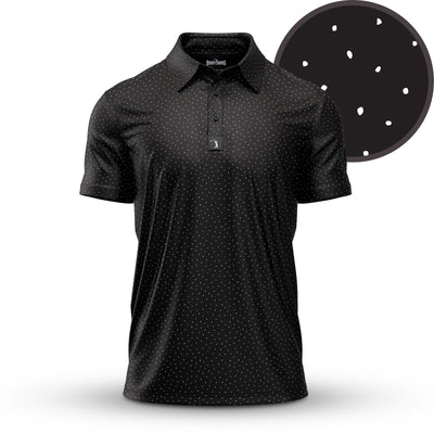 The Dingleberry Doodles - Polo is a black, short-sleeve, collared shirt with three buttons and an athletic fit. It features a subtle pattern of small white dots, shown in detail on the black fabric in a close-up inset.