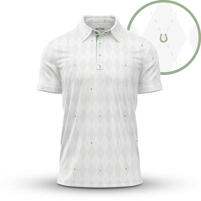 The Dublin Down - Polo features a white base with a subtle diamond pattern and green horseshoe icons. Designed for an athletic fit, its central green horseshoe adds sporty elegance, ideal for both course play and active days out.