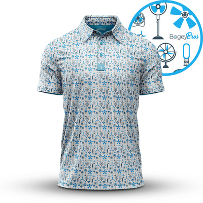 The Exclusively Fans - Polo features an athletic fit, all-over blue fan pattern on white, moisture-wicking fabric for comfort, and includes the “BogeyBros” logo. An inset shows a close-up of the fans and branding.
