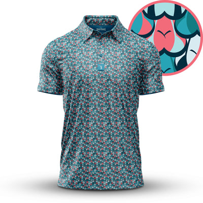 The Eyes Up Here - The 305 - Polo is a short-sleeve, athletic-fit shirt with a teal, red, and white geometric pattern. It offers UPF 50 protection, a blue label, button-down front, and features an enlarged circle on the floral motif.