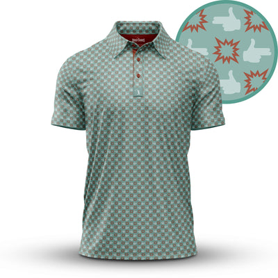 The Finger Bang - Polo is a light green shirt made with moisture-wicking fabric, featuring a repeating pattern of finger-gun icons and red comic bursts. It has a classic collar, button placket, and an inset detailing the unique design.