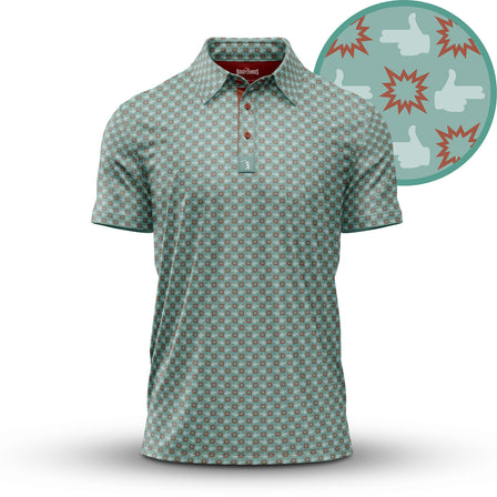 The Finger Bang - Polo is a light green shirt made with moisture-wicking fabric, featuring a repeating pattern of finger-gun icons and red comic bursts. It has a classic collar, button placket, and an inset detailing the unique design.