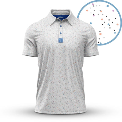 The Gobs of Glory - Polo is a white, athletic-fit short-sleeve shirt featuring a subtle pattern of small, multicolored dots, a blue tag, and button placket. An inset zoom highlights the dot pattern in detail.
