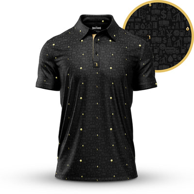 The Gusher - Polo is a black collared shirt with an athletic fit, featuring a subtle pattern of gold dollar signs and dark gray financial icons like coins, graphs, and money bags. An inset circle magnifies these stylish details for added flair.
