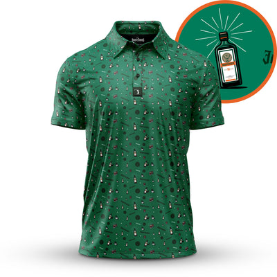 The Meister - Polo is a green, collared, short-sleeve shirt with an all-over Jägermeister bottle and ice cube print. Made from super stretchy fabric, it features an illustrated badge and offers ultimate comfort for any occasion.