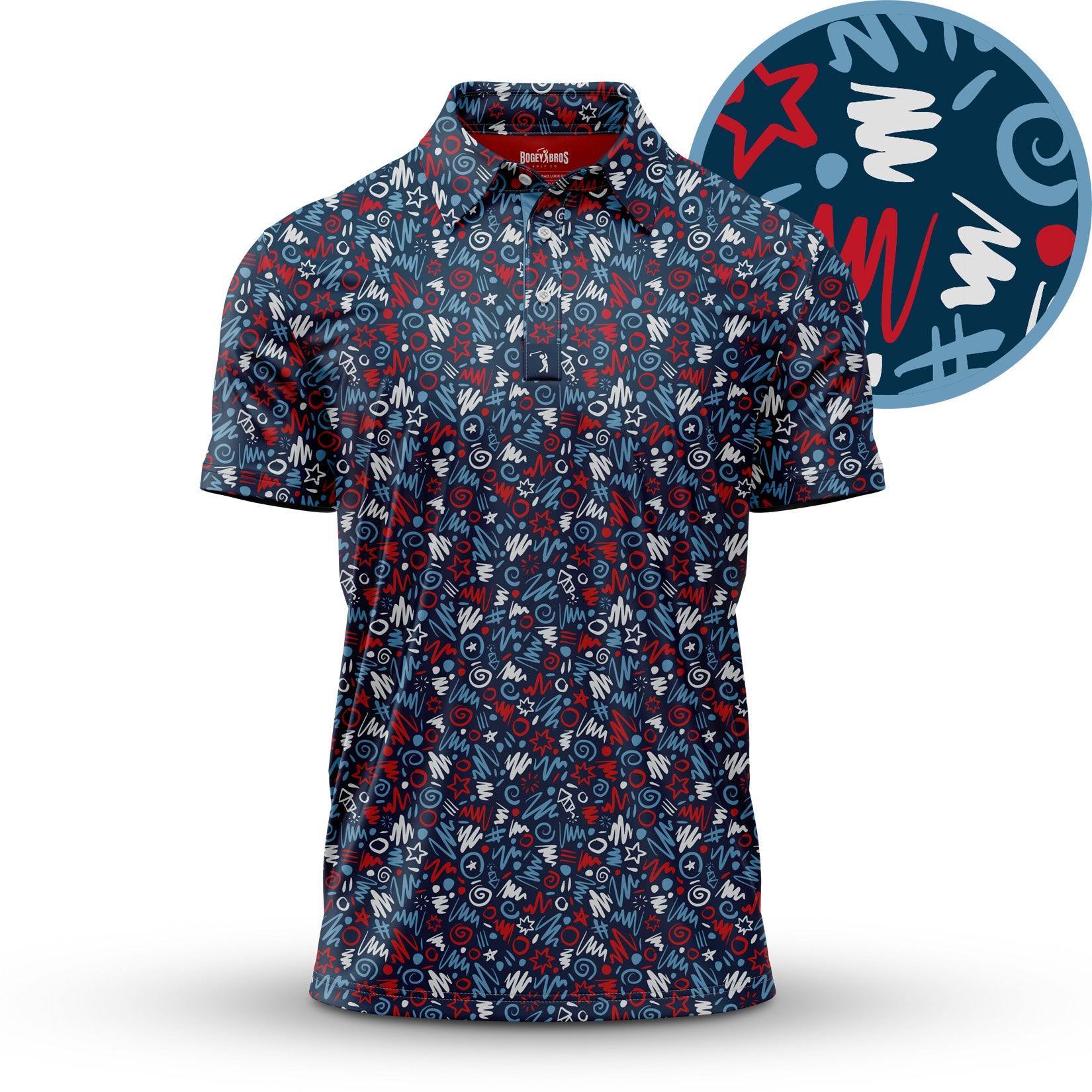 A short-sleeve polo shirt with a blue base, covered in a scattered pattern of red, white, and blue abstract shapes, stars, circles, dashes, and squiggles. A circular close-up shows the playful, energetic design details clearly.