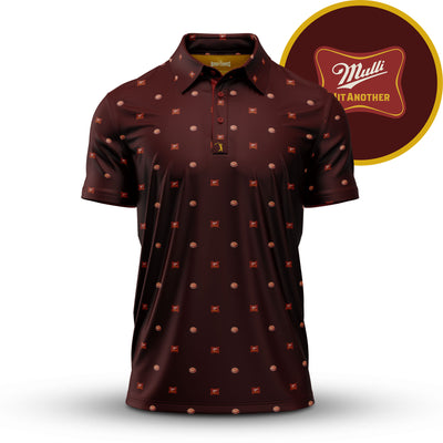 The Mulli - Polo is a brown collared shirt with an athletic fit, adorned with small red and tan circle and square icons. The background features a round maroon and gold "Mulli" logo above bold yellow text reading "PUT ANOTHER".