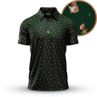 The Nature Calls - Polo is a dark green collared shirt featuring a subtle pattern of small brown beavers and green leaves. Its athletic fit ensures comfort, while close-up details show a beaver reading by a stump for a unique touch.