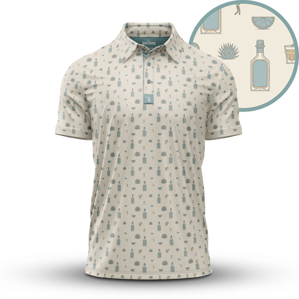 The Reposado - Polo is a beige, athletic fit short-sleeve collared shirt with a small repeating pattern of blue and tan agave plants, bottles, shot glasses, limes, and margarita glasses; detail inset shows larger icons.