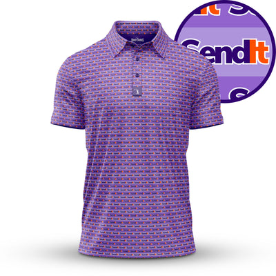 A short-sleeved polo shirt featuring an all-over repeating Send It text logo in red, orange, and blue on a purple background; an enlarged version of the logo is shown in a circular inset to the upper right.