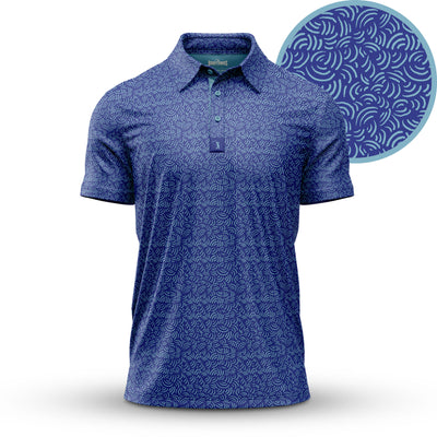 The Arcs - Blue - Polo is a navy, short-sleeved collared shirt with an athletic fit and a light blue swirling wave pattern. A close-up reveals the detailed, repeating wave design for added style and comfort.