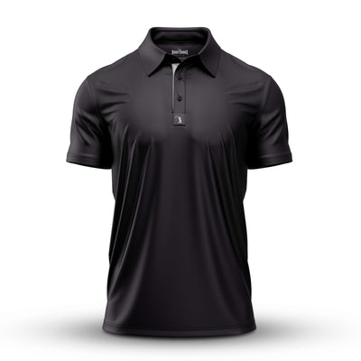 The Solid Black - Polo is an athletic fit, short-sleeve shirt with a collar and three-button placket, displayed on a white background. It features a subtle sheen, smooth texture, and moisture wicking for all-day comfort.
