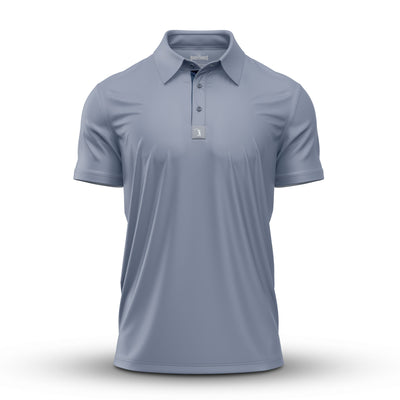 The Solid Carolina Blue - Polo is an athletic-fit, light blue short-sleeve shirt with a classic collar, three buttons, and a subtle logo tag on the top button. Displayed neatly pressed against a white background, it features slight natural folds.