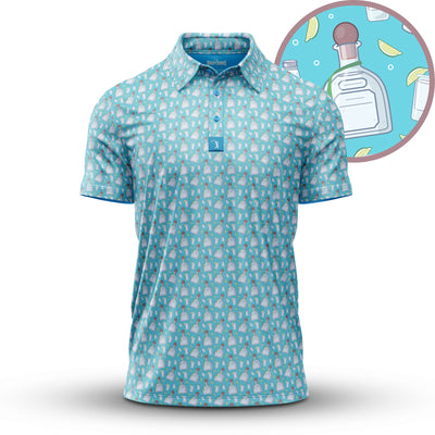 The Tequila - Polo is a light blue, athletic-fit collared shirt with turquoise collar and button accents. It features a repeating pattern of tequila bottles, lemon wedges, and salt shakers, shown in detail in a circular close-up.