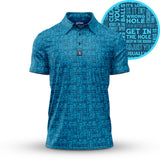 The That's What She Said - Polo is a blue short-sleeve polo with an all-over pattern of white golf phrases. It features an athletic fit, moisture wicking for comfort, and a circular close-up highlights the unique design.