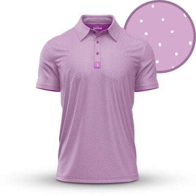 The Tickleberry Tidbits - Polo is a lavender, athletic-fit shirt with a collar and button placket, accented by subtle white polka dots. A close-up highlights the design. The polo is shown against a plain white background.