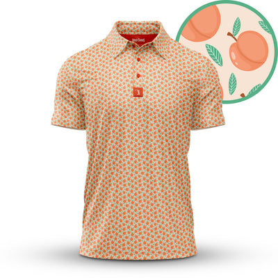 The Tooty Frooty - Polo is a short-sleeved, athletic-fit shirt with a peach and green leaf print on a light background. Made from moisture-wicking fabric, it offers a playful, colorful vibe for summer. Inset circle shows off the lively design.