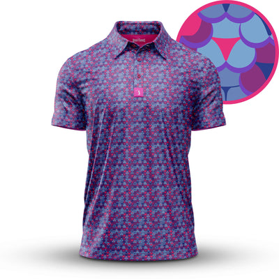 The Whale Tail - Polo is an athletic-fit, short-sleeve polo with a blue, purple, and pink geometric pattern featuring overlapping scalloped shapes and red triangles. It includes a collar, button placket, and UPF 50 protection.