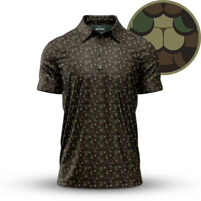 The Whale Tail - Camo - Polo is a short-sleeve, athletic-fit shirt with a green, brown, black, and tan camo pattern. It features a collar, button placket, UPF 50 protection, and includes a close-up of the unique design.