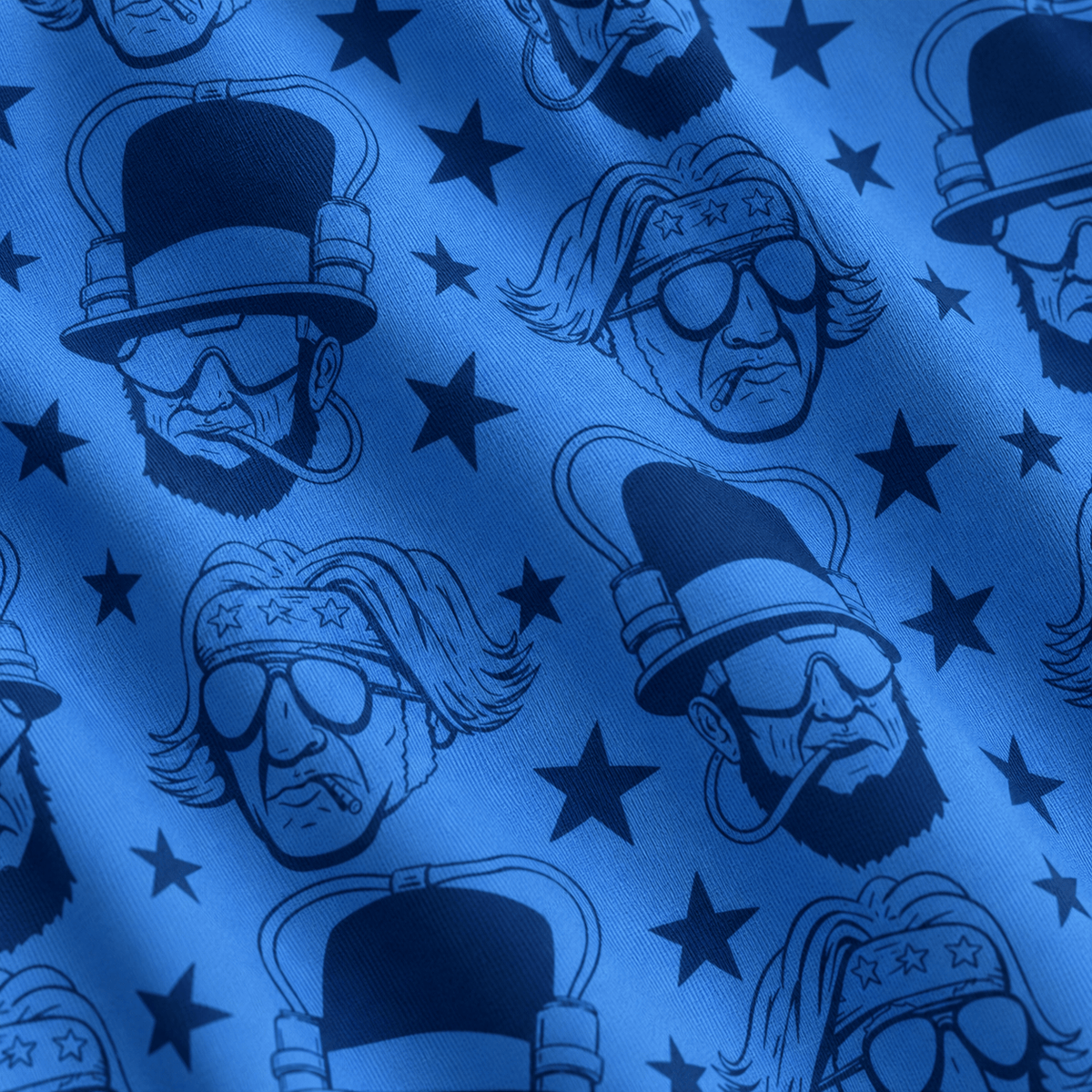 Introducing the Mt. Crushmore - Polo: This blue patterned polo showcases a striking repeating black illustration alternating between two figures—Abraham Lincoln in futuristic sunglasses and a piped top hat, and a long-haired man with a star-patterned headband and sunglasses, both smoking. Scattered dark stars add to the bold visual appeal. Designed with an athletic fit and UPF 50 protection, the Mt. Crushmore - Polo merges eye-catching style with high-performance comfort.