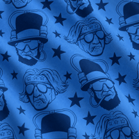 Introducing the Mt. Crushmore - Polo: This blue patterned polo showcases a striking repeating black illustration alternating between two figures—Abraham Lincoln in futuristic sunglasses and a piped top hat, and a long-haired man with a star-patterned headband and sunglasses, both smoking. Scattered dark stars add to the bold visual appeal. Designed with an athletic fit and UPF 50 protection, the Mt. Crushmore - Polo merges eye-catching style with high-performance comfort.