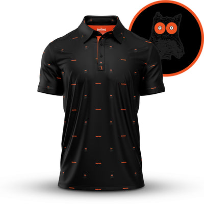 The Bogey Bros Night Owl - Polo is a black, athletic-fit short-sleeve shirt with a collar, featuring small orange HUMONGOUS logos. Orange accents detail the collar and buttons. Inset displays a black owl with big orange eyes on a black background.
