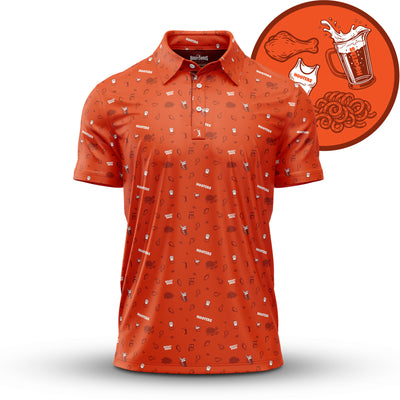 The Wingin' It - Orange - Polo features an athletic fit, moisture-wicking fabric, and a playful pattern of white icons—beer mugs, tank tops, chicken wings, and curly fries—on orange. Orange circle displays enlarged icon illustrations.