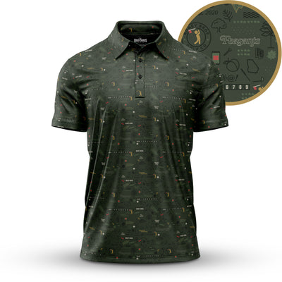 The Peasants '26 - Polo is a dark green, short-sleeve, collared shirt with a subtle print of small, light icons. It features an athletic fit and moisture-wicking fabric for comfort on or off the course.