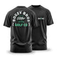 The Flagship - T-Shirt: Athletic black jersey tee with a stretchy, comfortable fit. Features "Bogey Bros Golf Co" in white and green plus a Play Bad, Look Good slogan with golf club graphics on the back; small front logo on left chest.