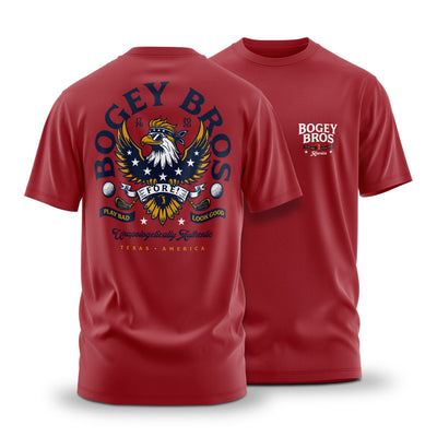 The FREEagle - T-Shirt is a red, athletic fit tee with a bold, colorful eagle and "Bogey Bros" on the back. Features a tagless jersey design, “Play Bad, Look Good, Unapologetically Authentic,” and a small Bogey Bros logo on the chest.